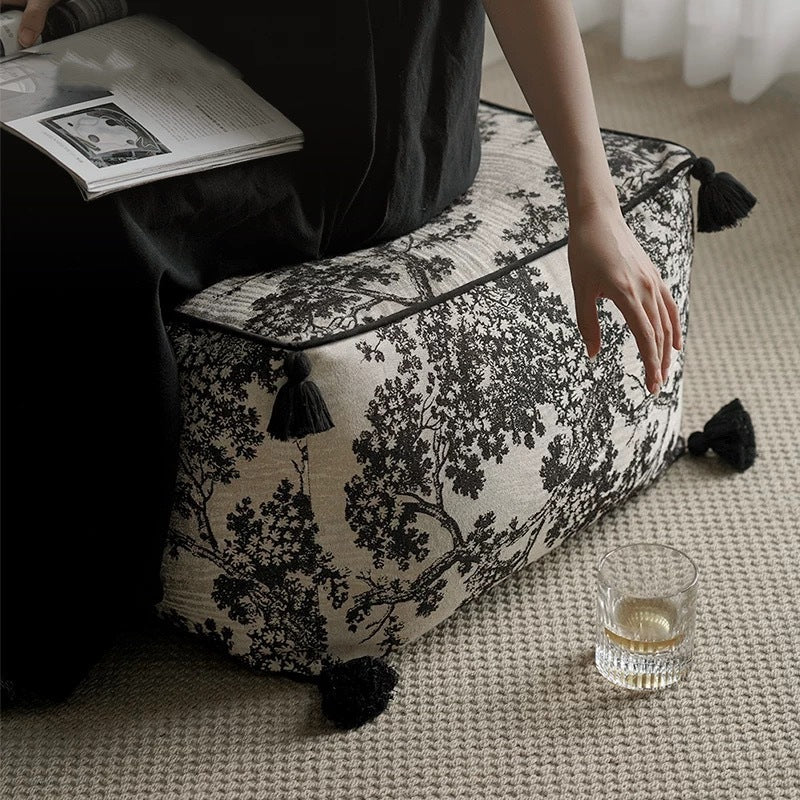 LaLuna Home Chinoiserie Ink-Painting Bayberry Tree Jacquard Pouf Cover - Square