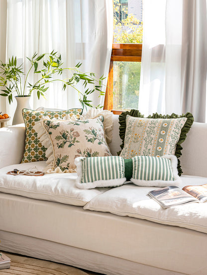 Chinoiserie Green Meadow Song Floral Pattern Throw Pillow