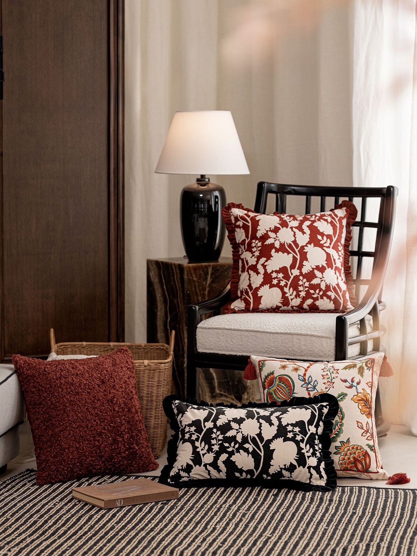 Burgundy Kerman Pomegranate Bloom Throw Pillow with Ruffle Trim