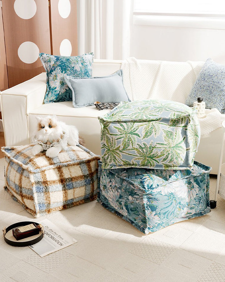 LaLuna Home Blue Monet Floral Pattern Chenille Pouf Cover