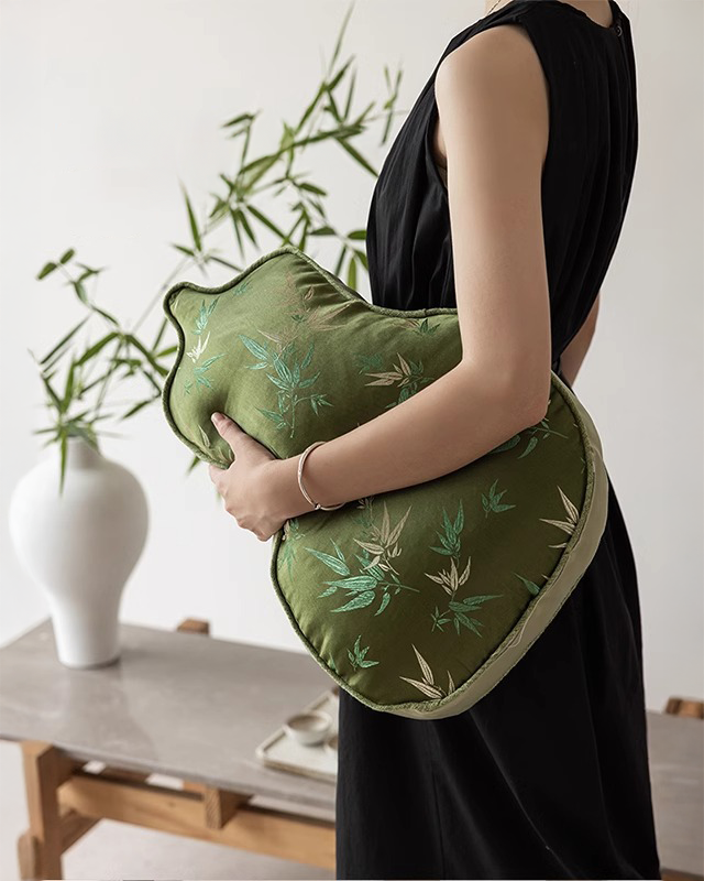 LaLuna Home Chinoiserie Gourd Shape Bamboo Embroidered Throw Pillow - Green