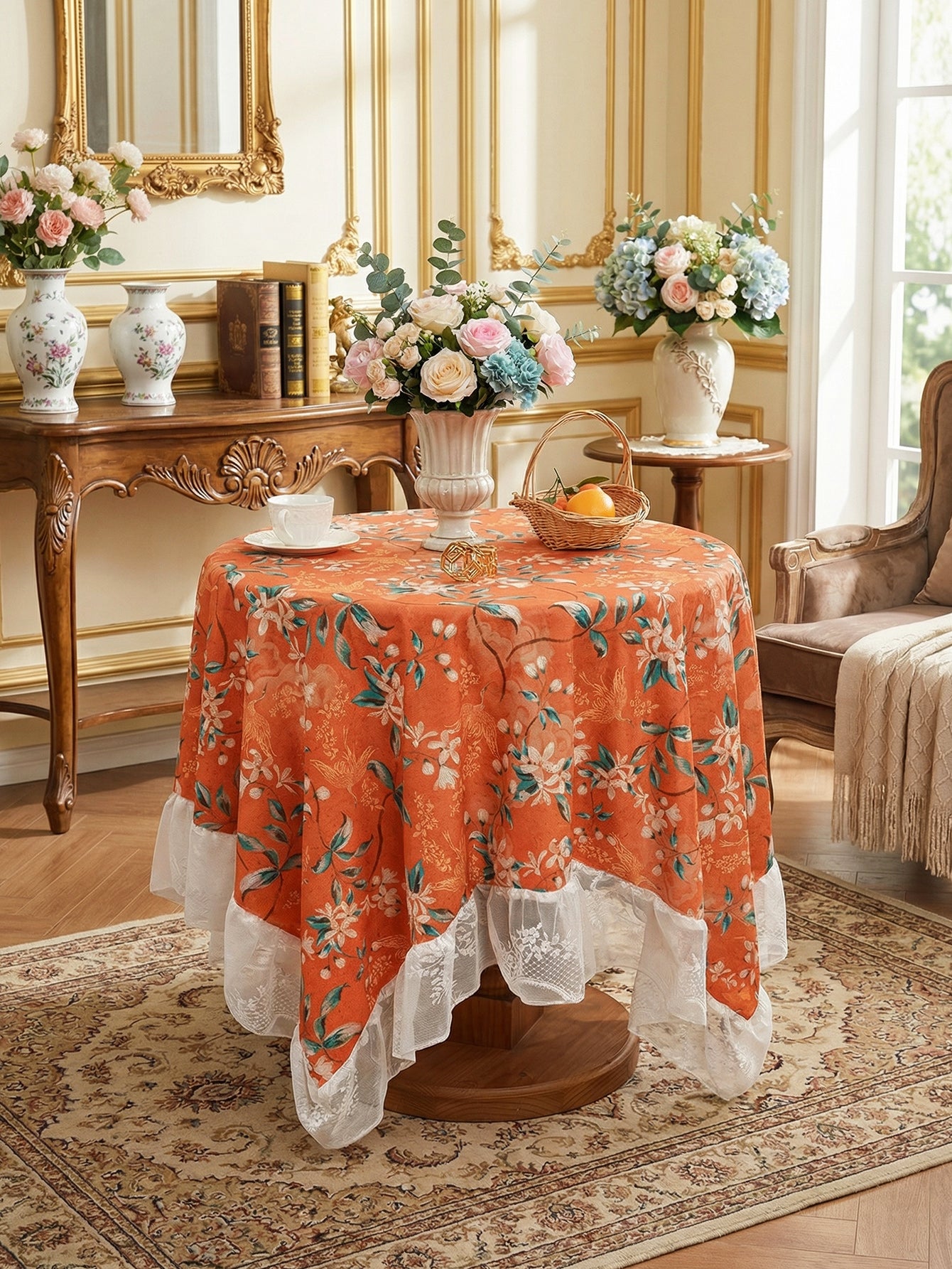 Chinoiserie Retro Orange Floral Tablecloth with Lace Ruffled Trim