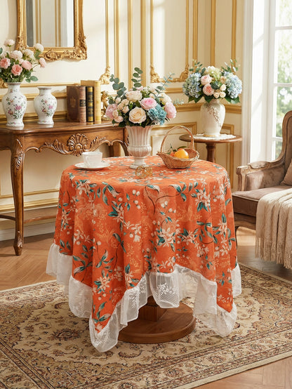 Chinoiserie Retro Orange Floral Tablecloth with Lace Ruffled Trim