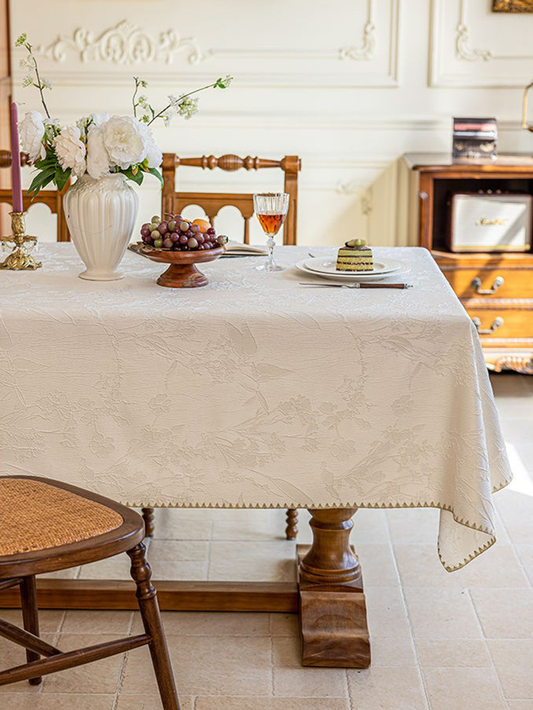 LaLuna Home Chinoiserie  Magnolia Bloom Jacquard Tablecloth with Shell Trim