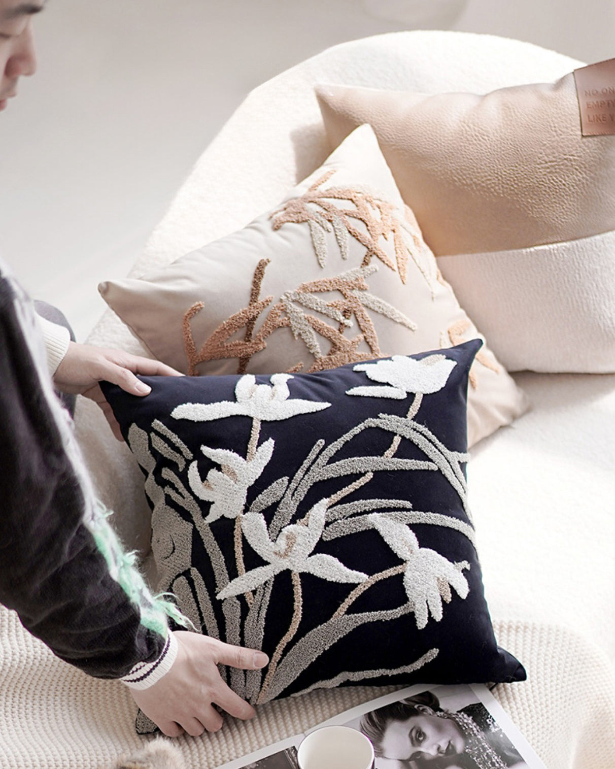 LaLuna Home Chinoiserie Orchid Embroidered Velvet Throw Pillow