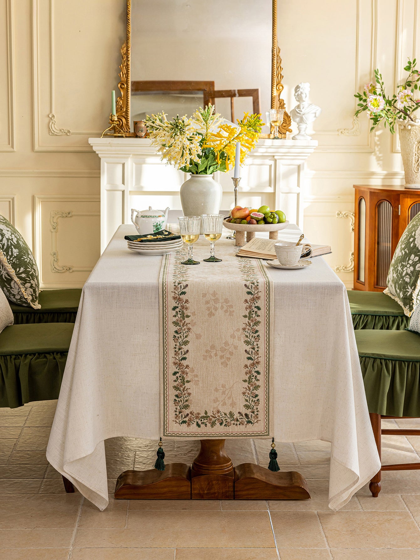 Chinoiserie Green Verse Pattern Table Runner with Tassels