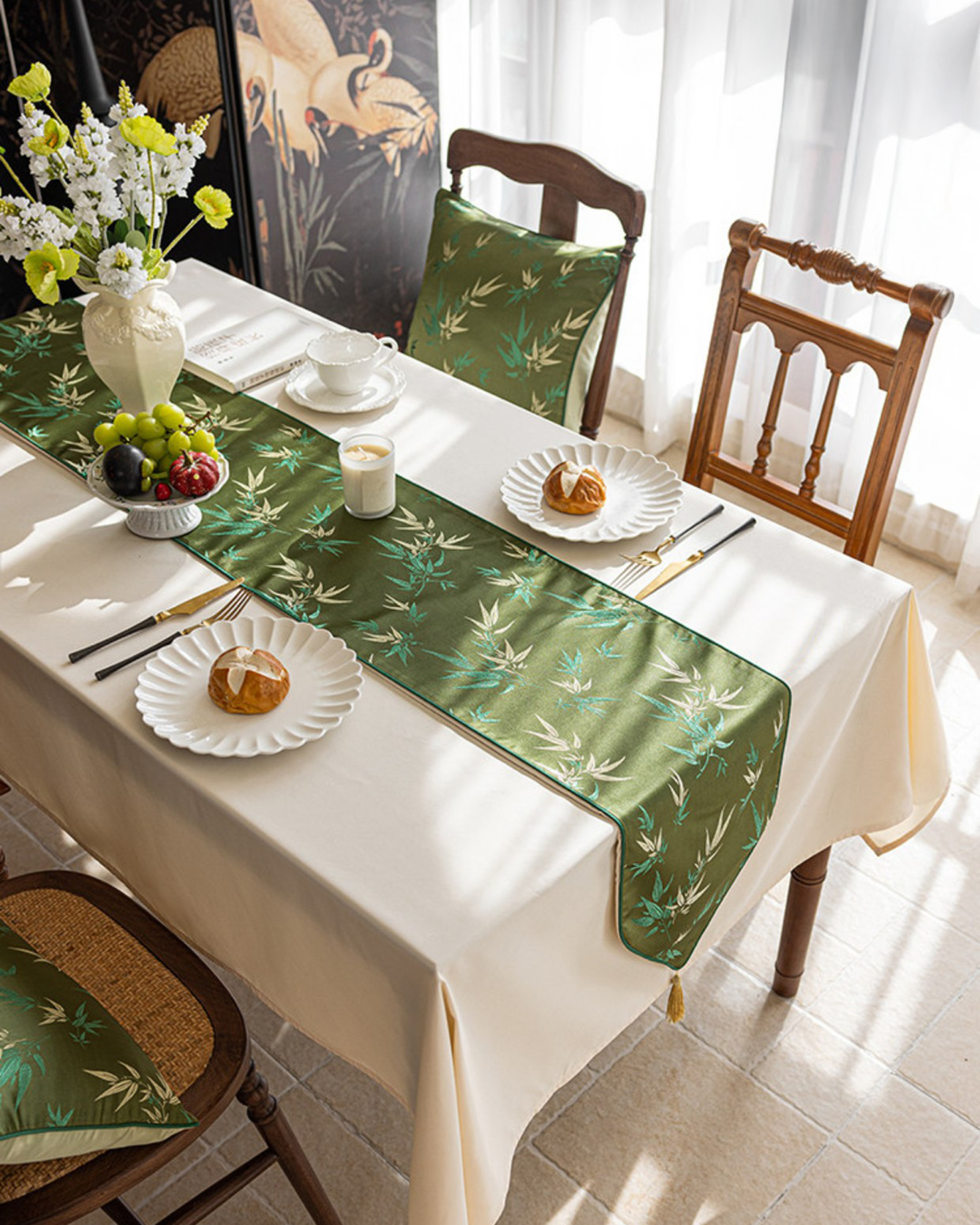 LaLuna Home Chinoiserie  Bamboo Embroidered Table Runner with Tassels