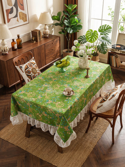 Chinoiserie Verdant Floral Tablecloth with Lace Ruffled Trim
