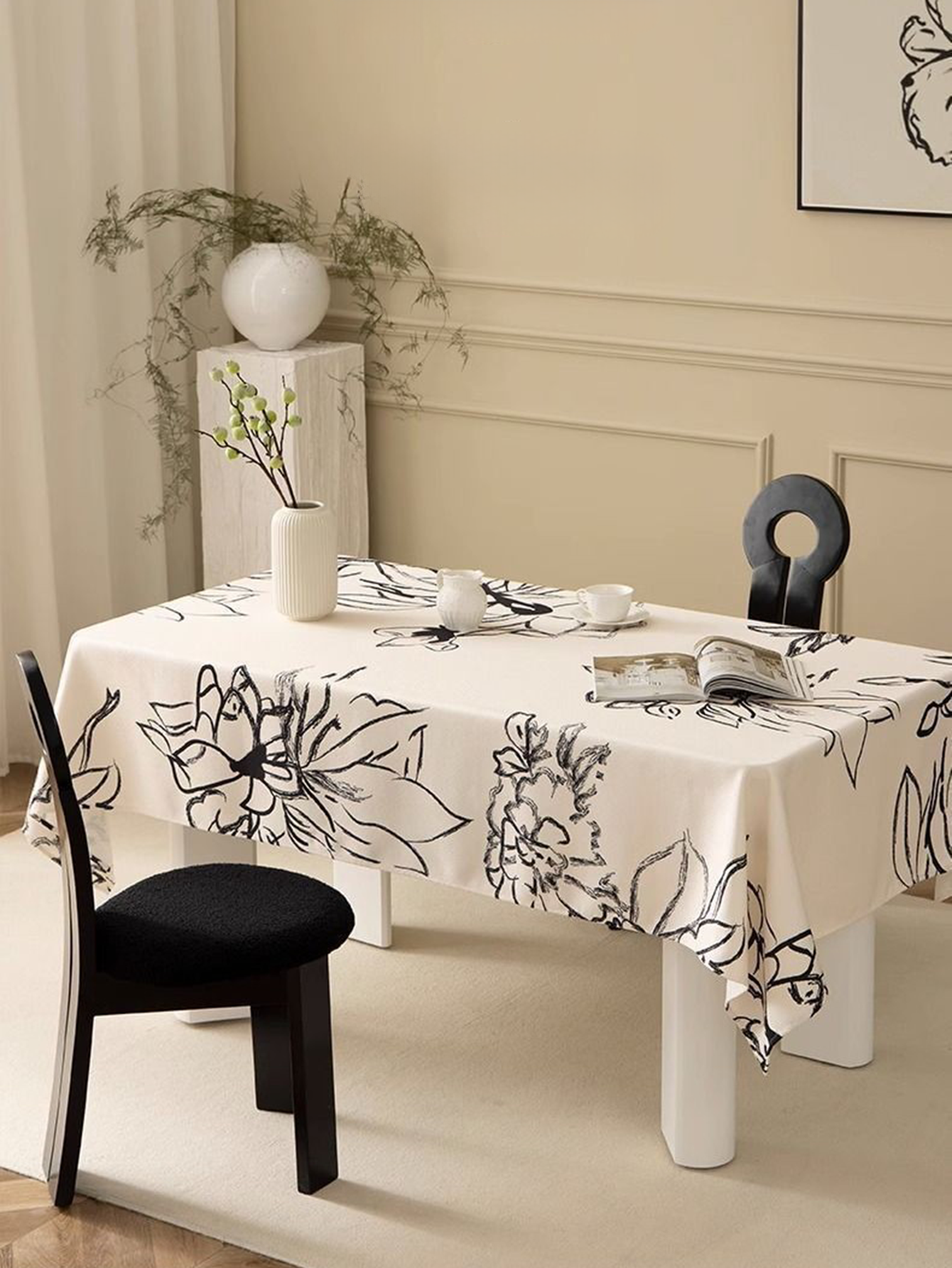 LaLuna Home Monochrome Chinoiserie Ink Floral Tablecloth