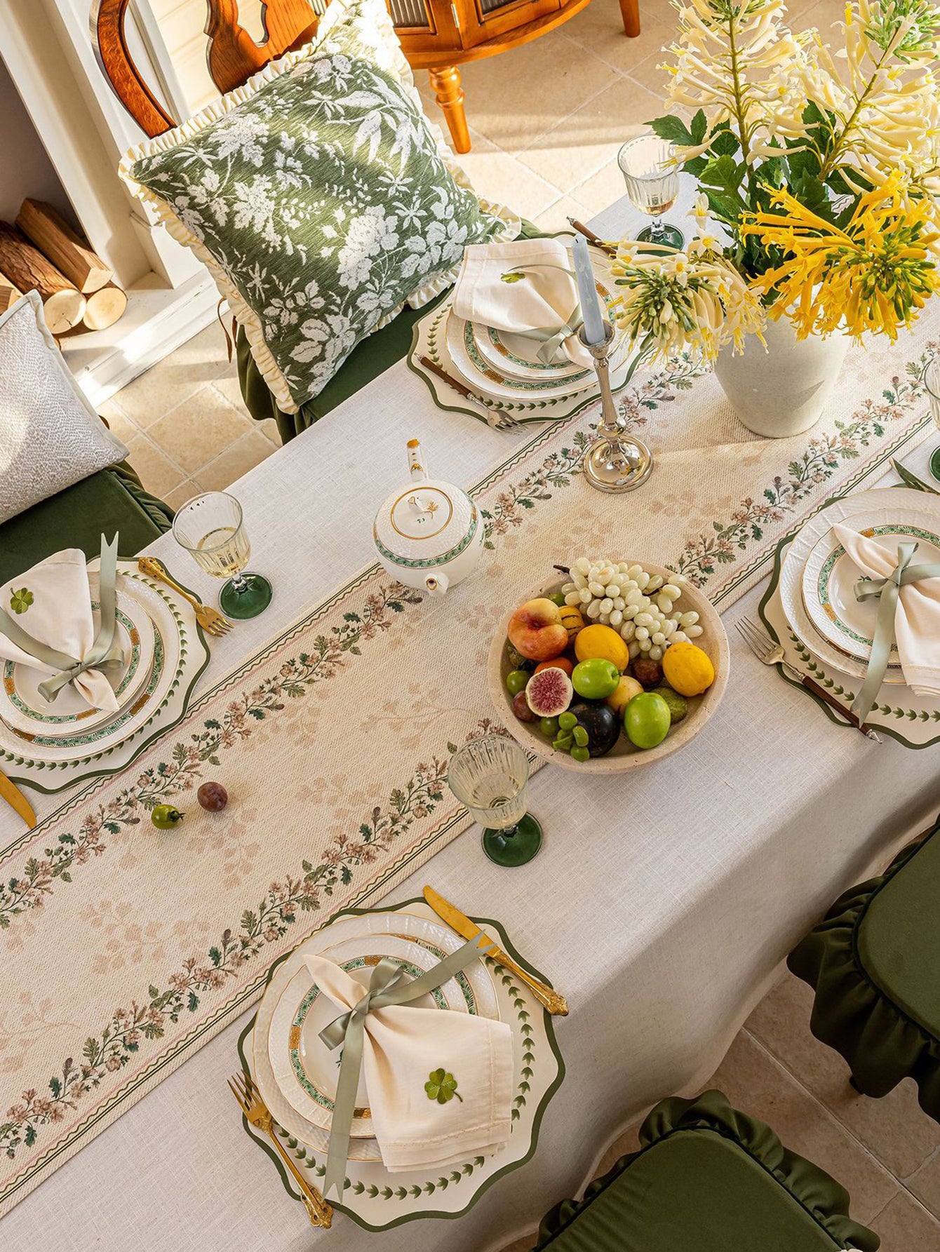 Chinoiserie Green Verse Pattern Table Runner with Tassels