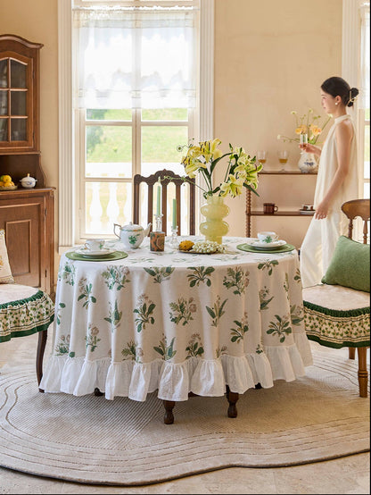 Chinoiserie Green Verse Pattern Round Ruffle Tablecloth