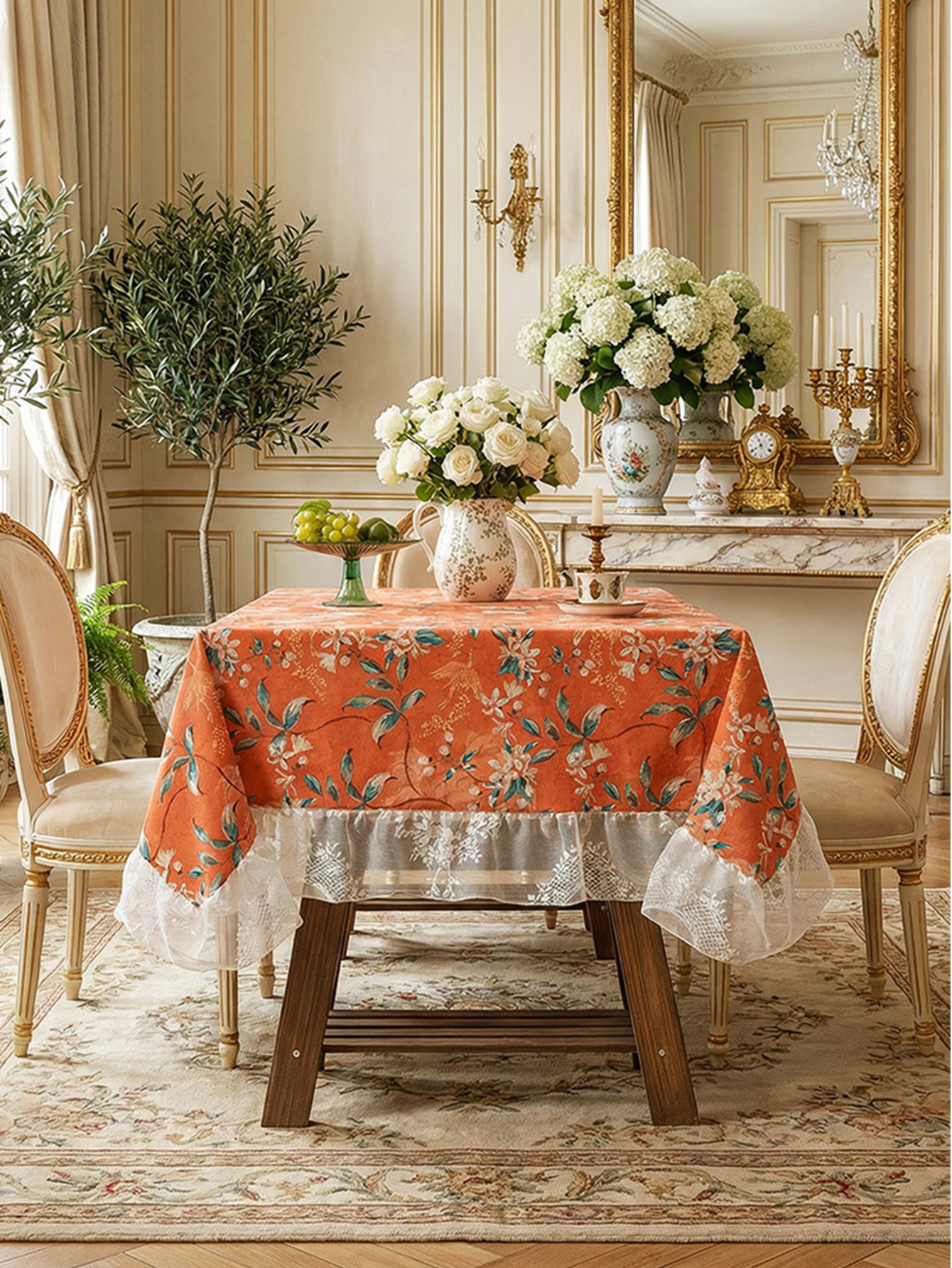 Chinoiserie Retro Orange Floral Tablecloth with Lace Ruffled Trim