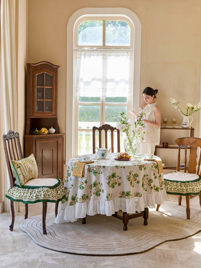 Chinoiserie Auspicious Gourd Vines Pattern Round Ruffle Tablecloth