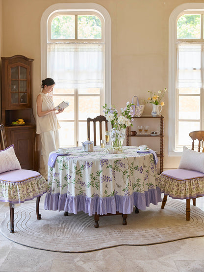 Chinoiserie Purple Ruffle Wisteria Floral Pattern Round Tablecloth
