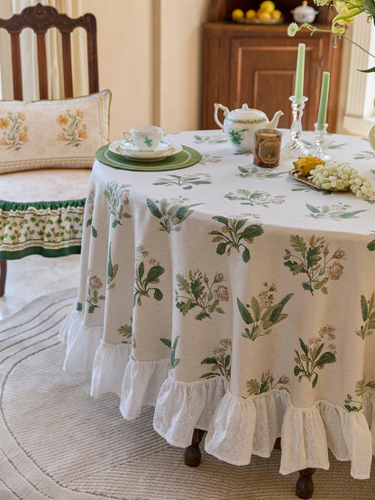 Chinoiserie Green Verse Pattern Round Ruffle Tablecloth