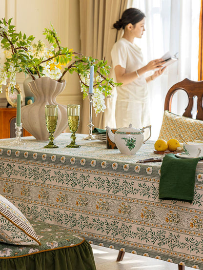 Chinoiserie Green Meadow Song Floral Pattern Tablecloth