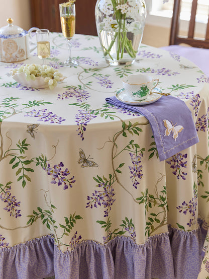 Chinoiserie Purple Ruffle Wisteria Floral Pattern Round Tablecloth