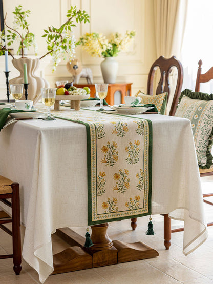 Chinoiserie Green Meadow Song Floral Pattern Table Runner with Tassels