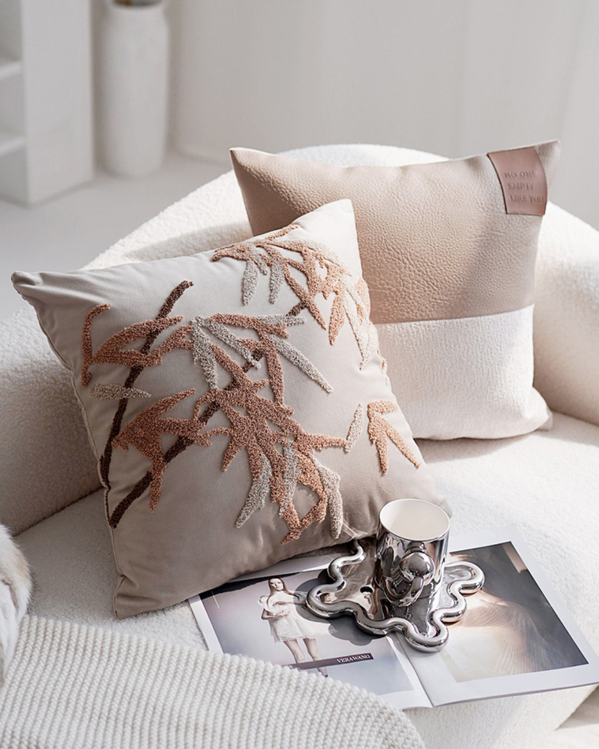 LaLuna Home Chinoiserie Bamboo Embroidered Velvet Throw Pillow - Beige