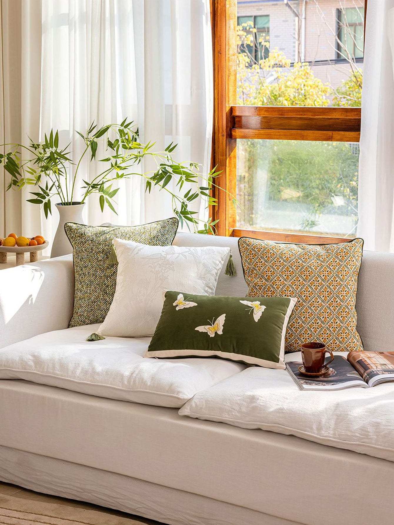 Chinoiserie Green Butterfly Whisper embroidery Throw Pillow