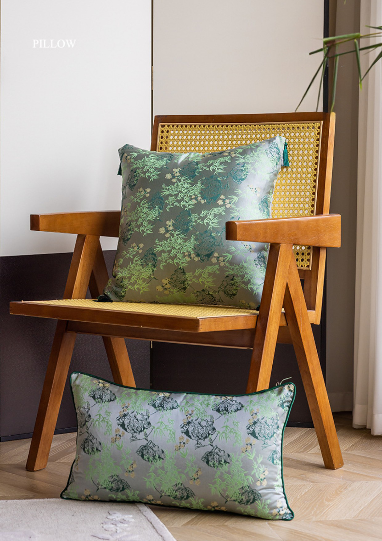 LaLuna Home Chinoiserie  Lush Green Bamboo Throw Pillow with Tassels