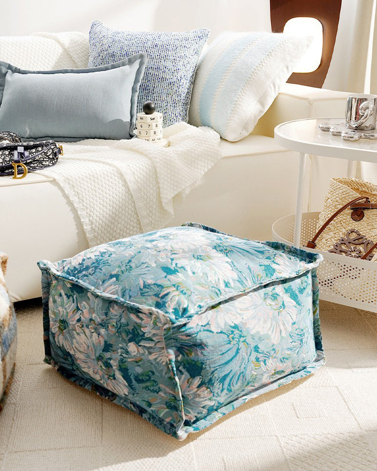 LaLuna Home Blue Monet Floral Pattern Chenille Pouf Cover