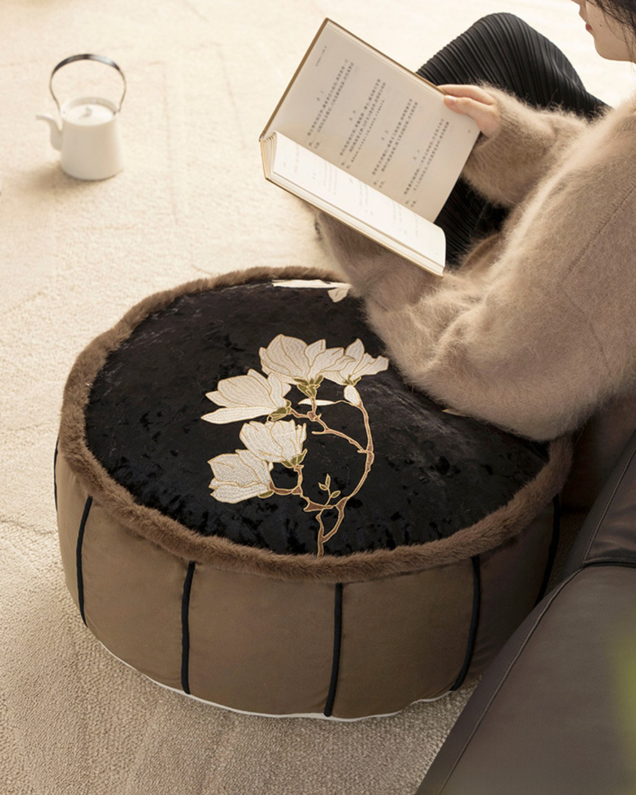LaLuna Home Chinoiserie Magnolia Embroidered Velvet Pouf Cover
