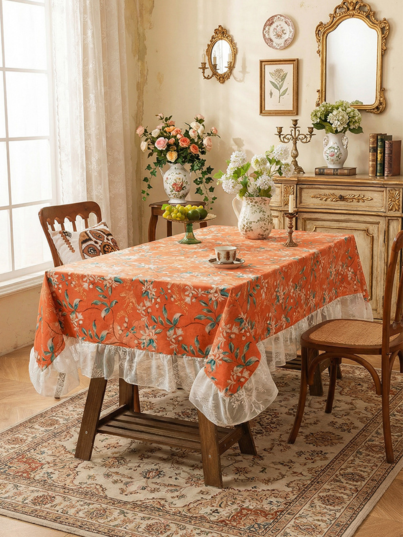 Chinoiserie Retro Orange Floral Tablecloth with Lace Ruffled Trim