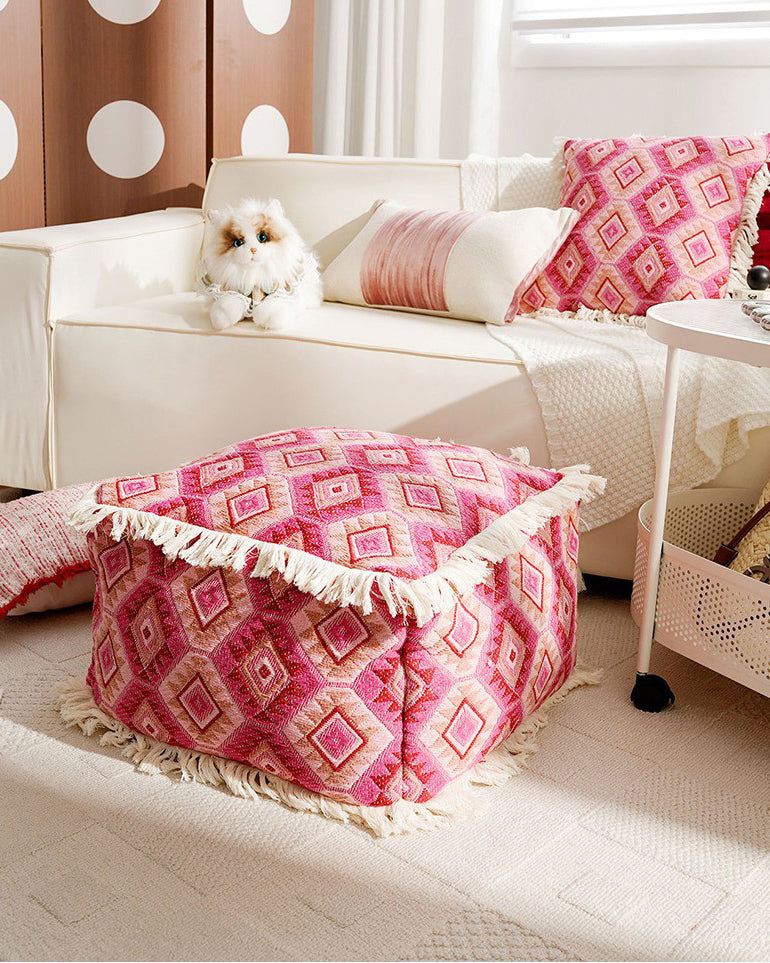 LaLuna Home Bohemian Pink Geometric Pattern Jacquard Pouf Cover