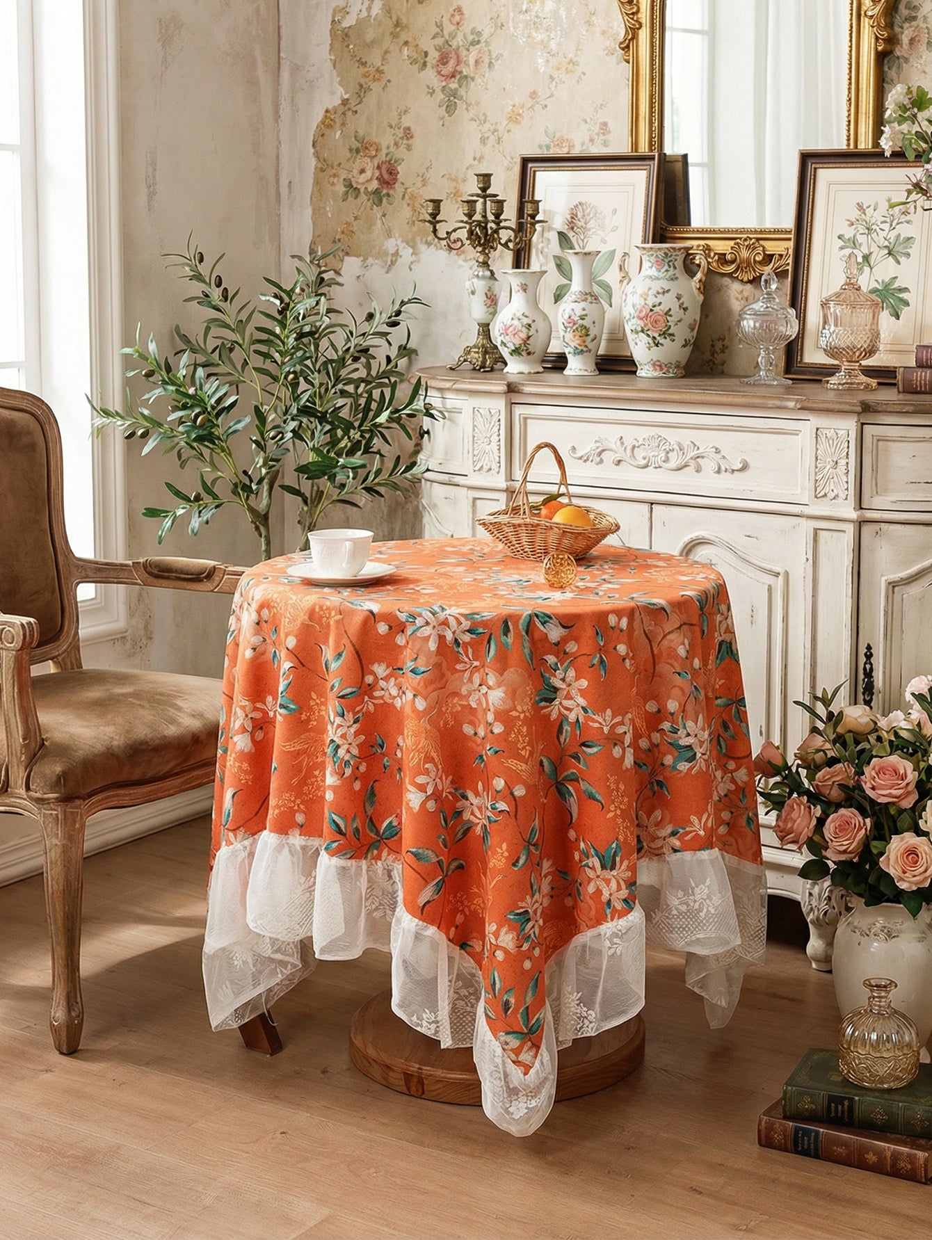 Chinoiserie Retro Orange Floral Tablecloth with Lace Ruffled Trim