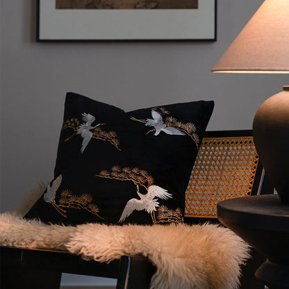 LaLuna Home Chinoiserie Pine&Crane Embroidered Velvet Throw Pillow - Black
