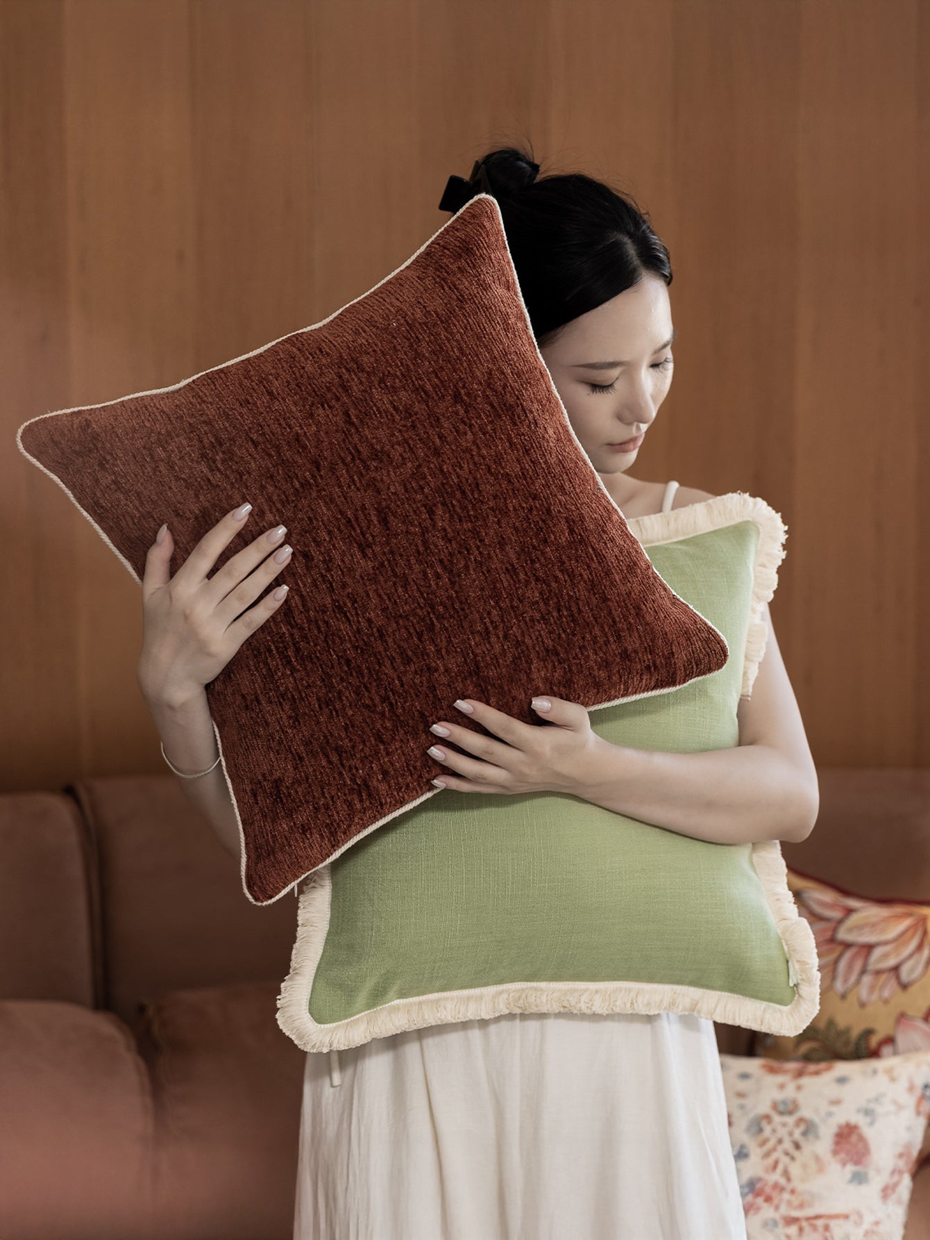 Chinoiserie Red Glaze Throw Pillow with Twisted Rope Trim