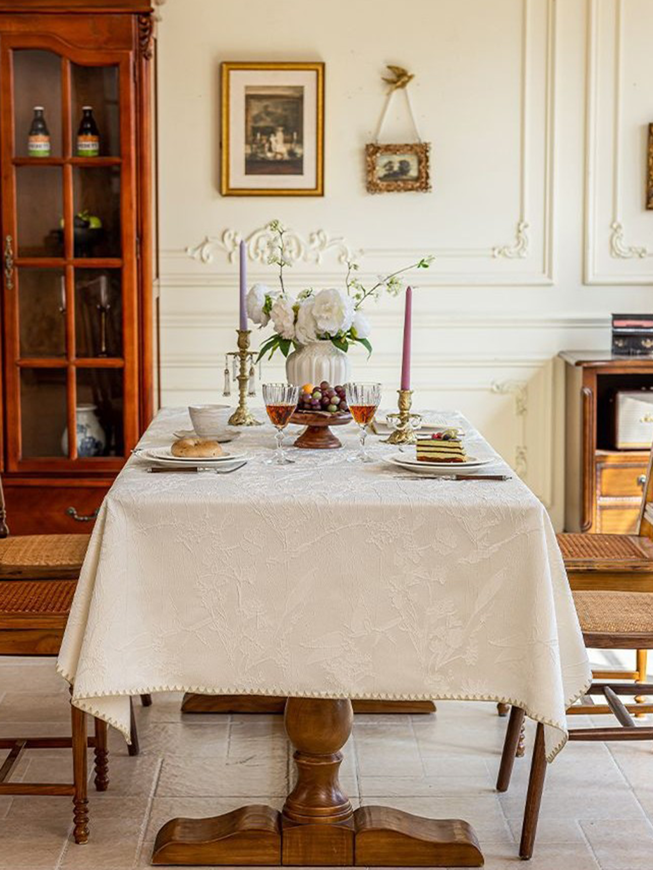 LaLuna Home Chinoiserie  Magnolia Bloom Jacquard Tablecloth with Shell Trim