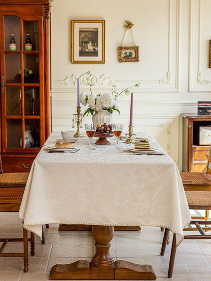 LaLuna Home Chinoiserie  Magnolia Bloom Jacquard Tablecloth with Shell Trim