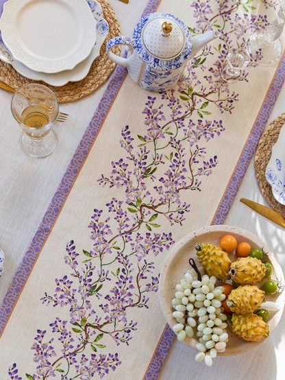 Chinoiserie Purple Wisteria Floral Pattern Table Runner