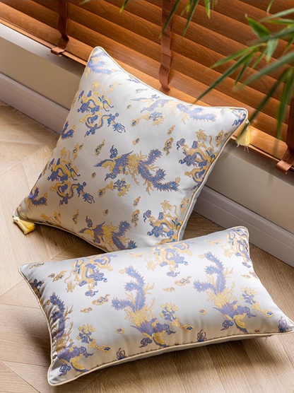 LaLuna Home Chinoiserie  Loong Feng Jacquard Throw Pillow with Tassels