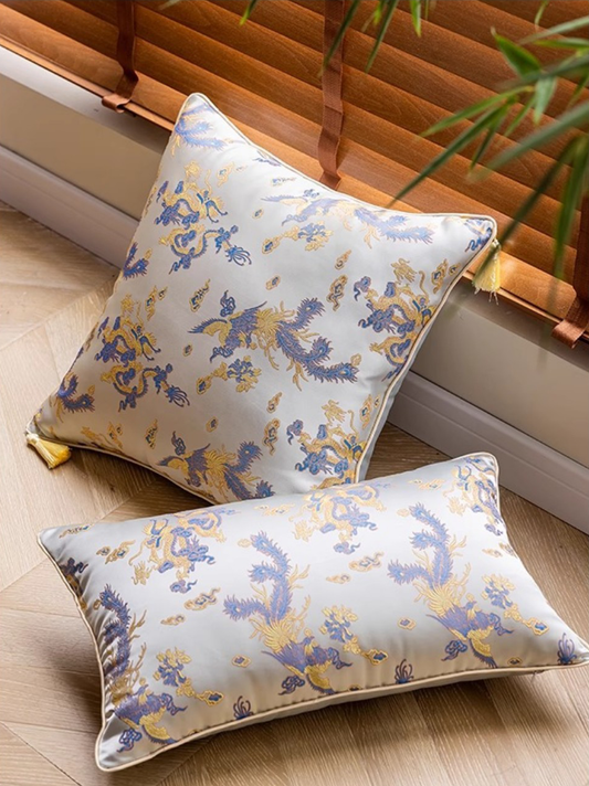 LaLuna Home Chinoiserie  Loong Feng Jacquard Throw Pillow with Tassels