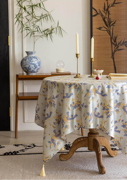 LaLuna Home Chinoiserie Loong Feng Pattern Jacquard Tablecloth with Tassels