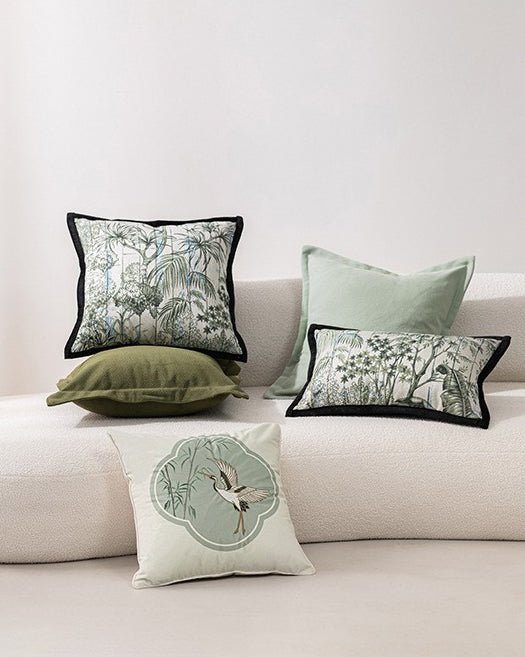 LaLuna Home Chinoiserie Cloud Crane Embroidered Velvet Throw Pillow