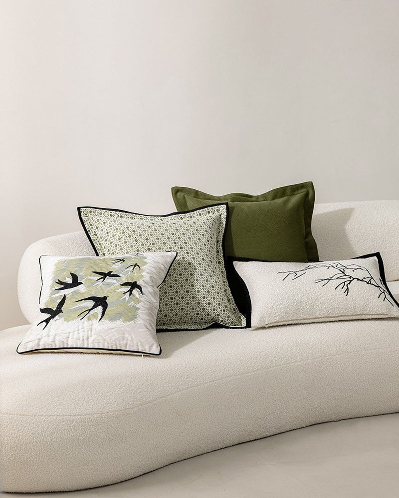 LaLuna Home Chinoiserie Swallows in Mist Embroidered Velvet Throw Pillow