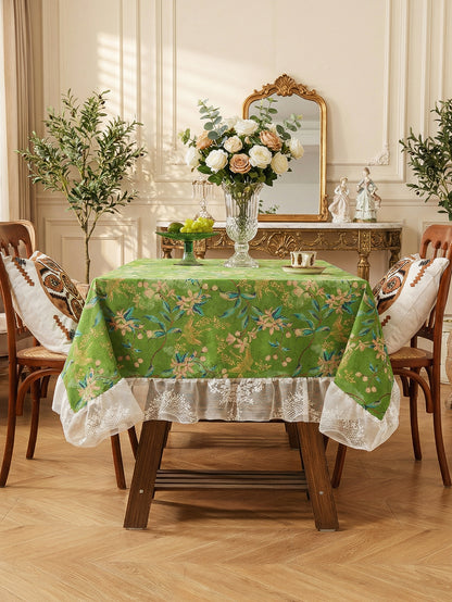 Chinoiserie Verdant Floral Tablecloth with Lace Ruffled Trim