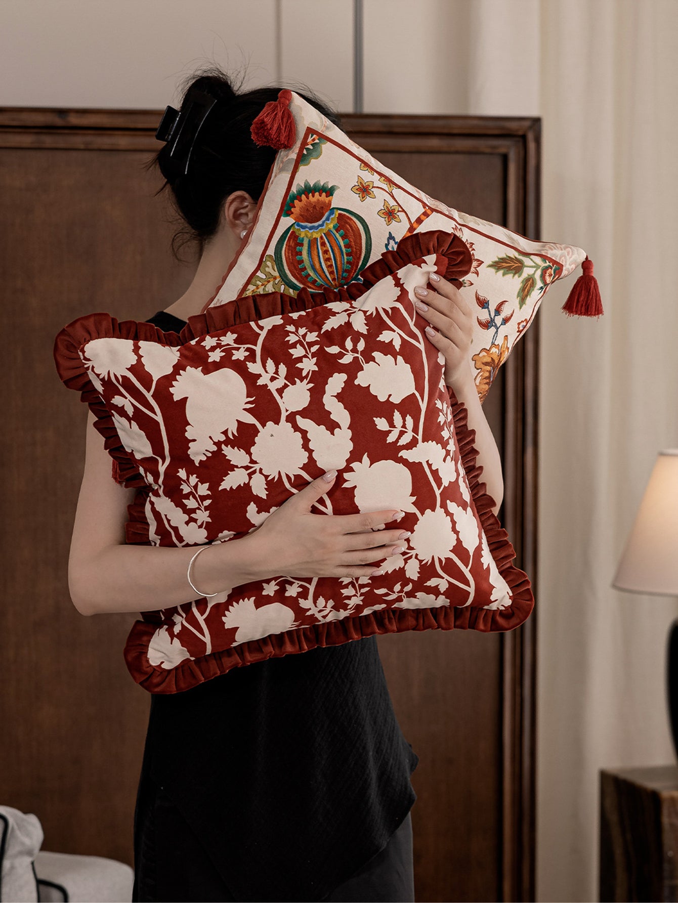 Burgundy Kerman Pomegranate Bloom Throw Pillow with Ruffle Trim