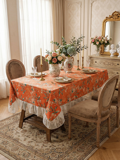 Chinoiserie Retro Orange Floral Tablecloth with Lace Ruffled Trim