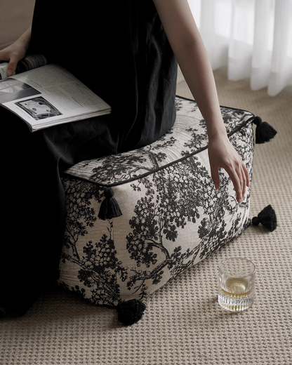LaLuna Home Chinoiserie Ink-Painting Bayberry Tree Jacquard Pouf Cover - Square