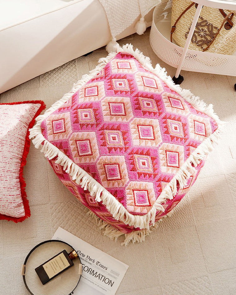LaLuna Home Bohemian Pink Geometric Pattern Jacquard Pouf Cover
