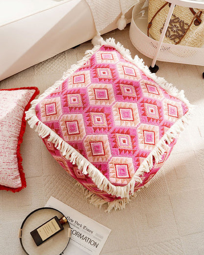 LaLuna Home Bohemian Pink Geometric Pattern Jacquard Pouf Cover