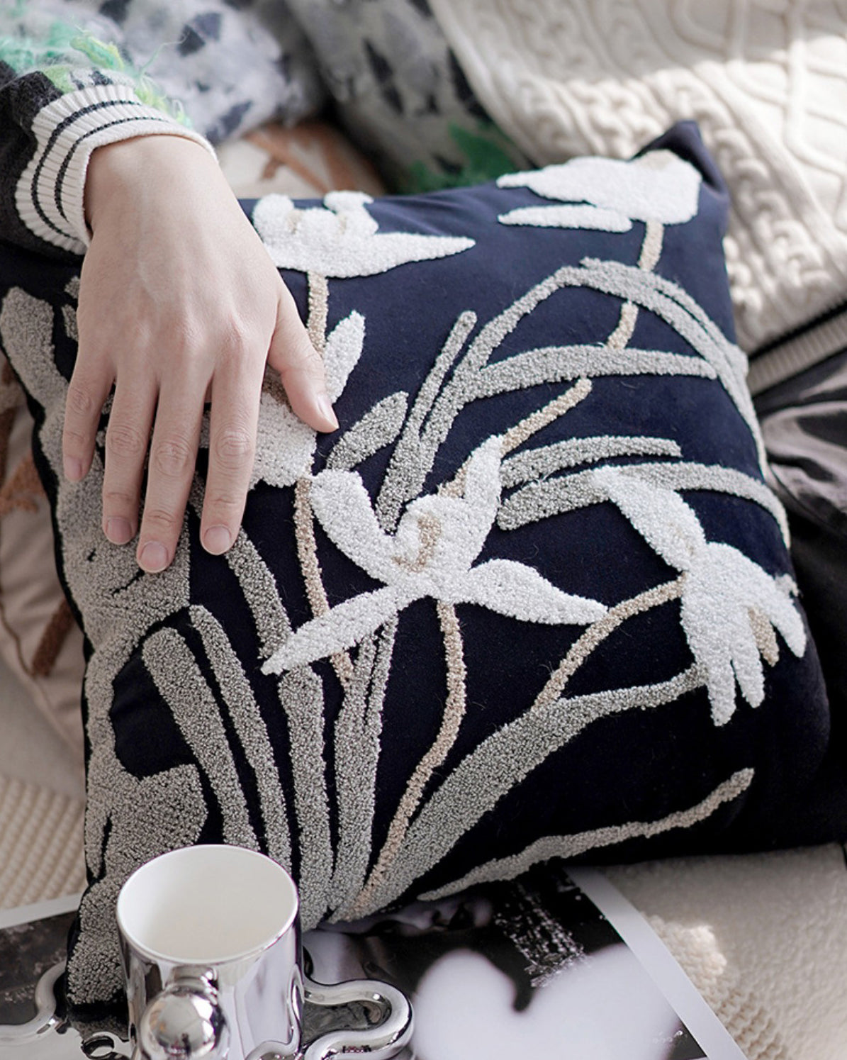 LaLuna Home Chinoiserie Orchid Embroidered Velvet Throw Pillow