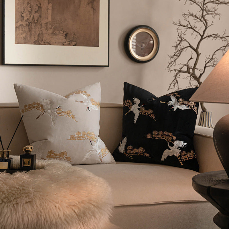 LaLuna Home Chinoiserie Pine&Crane Embroidered Velvet Throw Pillow - Black