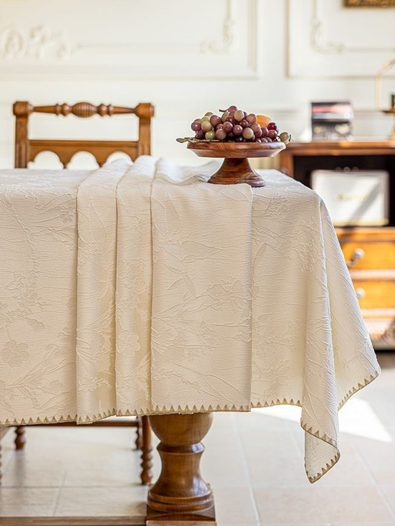 LaLuna Home Chinoiserie  Magnolia Bloom Jacquard Tablecloth with Shell Trim