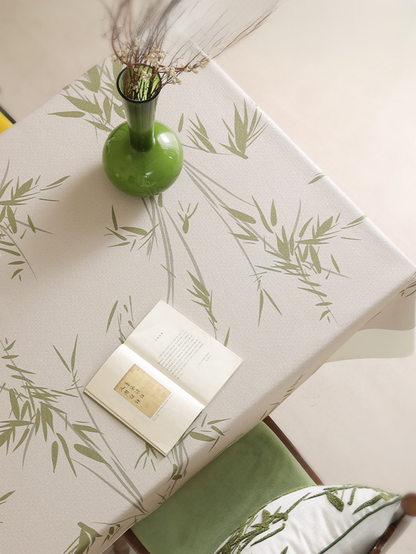 LaLuna Home Chinoiserie  Green Bamboo Tablecloth Grey Base & Green Leaves